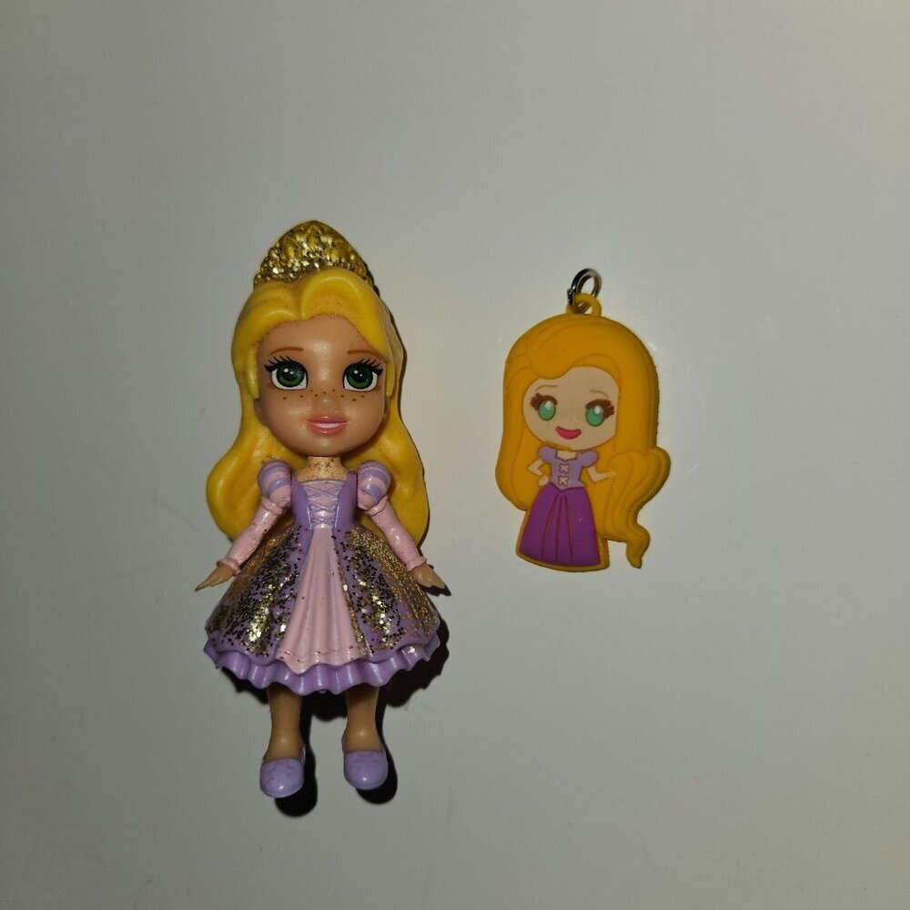 Disney Princess Rapunzel Lot Mini Toddler 4” Doll Toy 2" Rubber Pendant Keychain